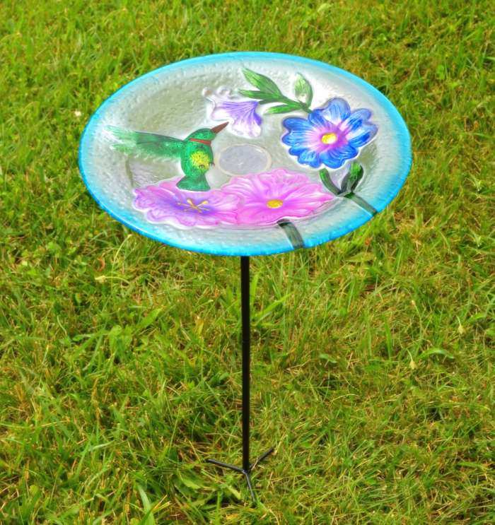 Embossed Hummingbird Glass Bird Bath w/Stake